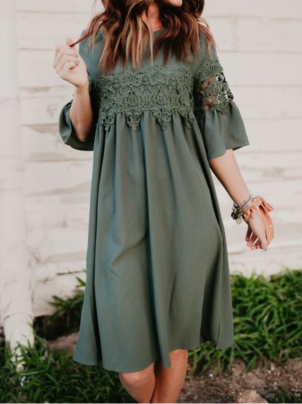Vervet Olive Green Lace-Trim Midi Dress Size S